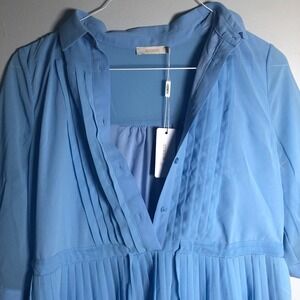 WLDRSD Pleated Shirt Dress Women S Blue Short Sleeve Pintuck Midi Button Front